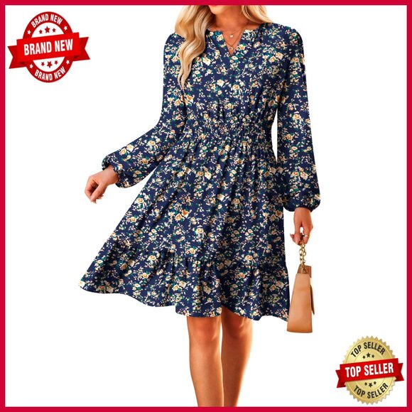 Floral Mini Dress Long Sleeve Wedding Guest Casual Elegant Chic with Pockets